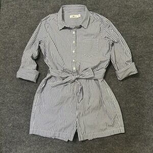 Vineyard Vines Sarah Stripe Romper Size 8 Button Front Pockets Roll Tab Sleeves